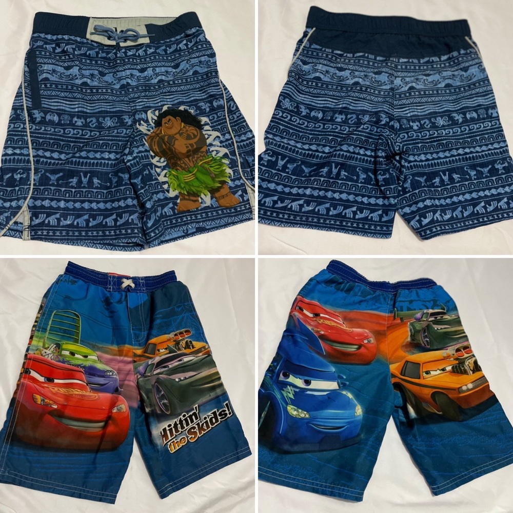 (2 pairs) Boys Cars and Maui Disney Swim Shorts Swimming Trunks sz. 5-6